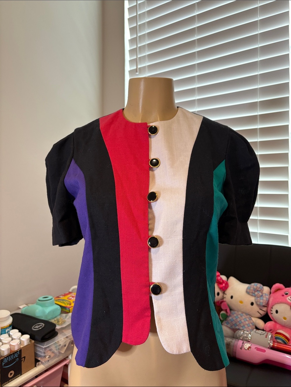 Leslie Fay Black, Pink & Black Colorblock Short-Sleeve Button Top